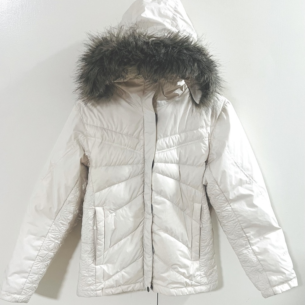 Columbia Convert Womens Down Puffer Jacket Coat Ski Parka White Faux fur hoodie
